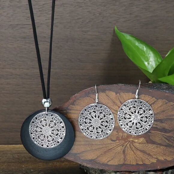 Necklace earring matching mandala boho jewelry set wood alloy combo - Picture 8 of 9